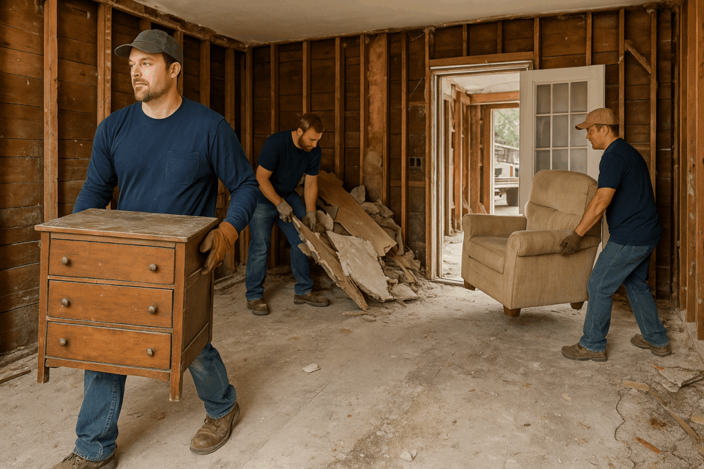 Crew removing debris and old furniture from a home during an estate cleanout.