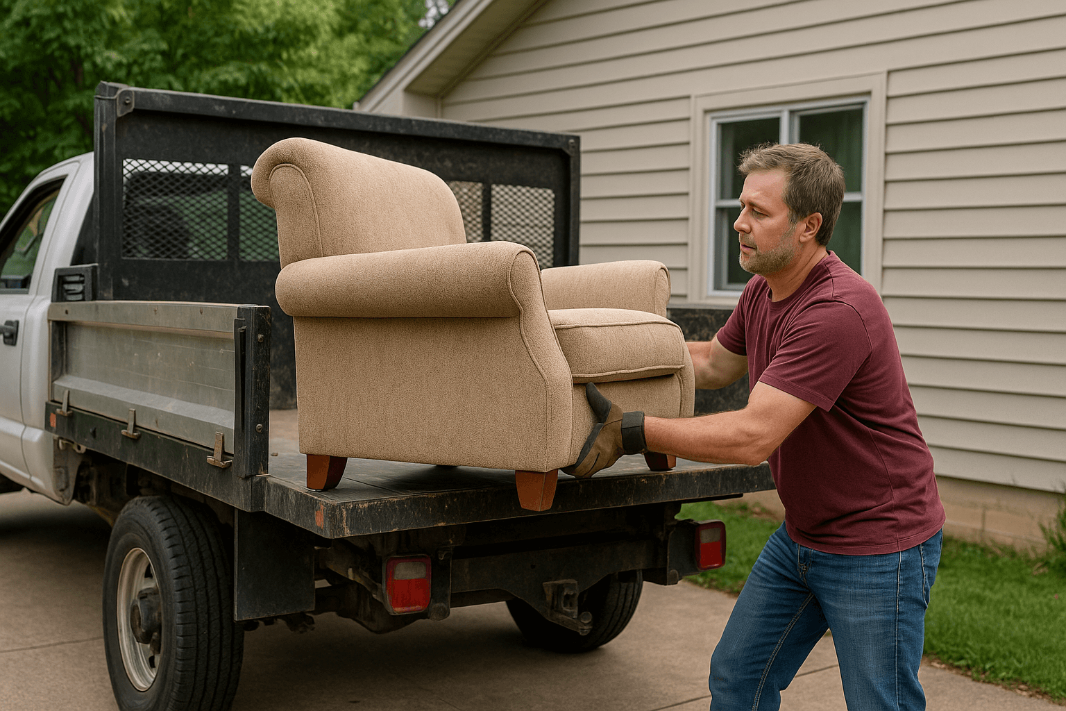 Homeowner lifting old furniture into a truck during a DIY junk removal attempt.